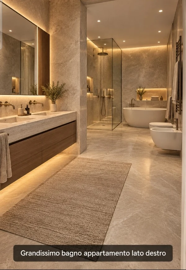Visualizzazione di bagno contemporaneo con doppio lavabo, doccia e vasca