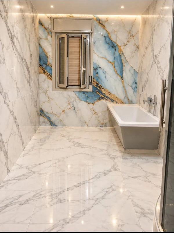 Ambiente bagno con rivestimento effetto marmo bianco, blu e oro e vasca