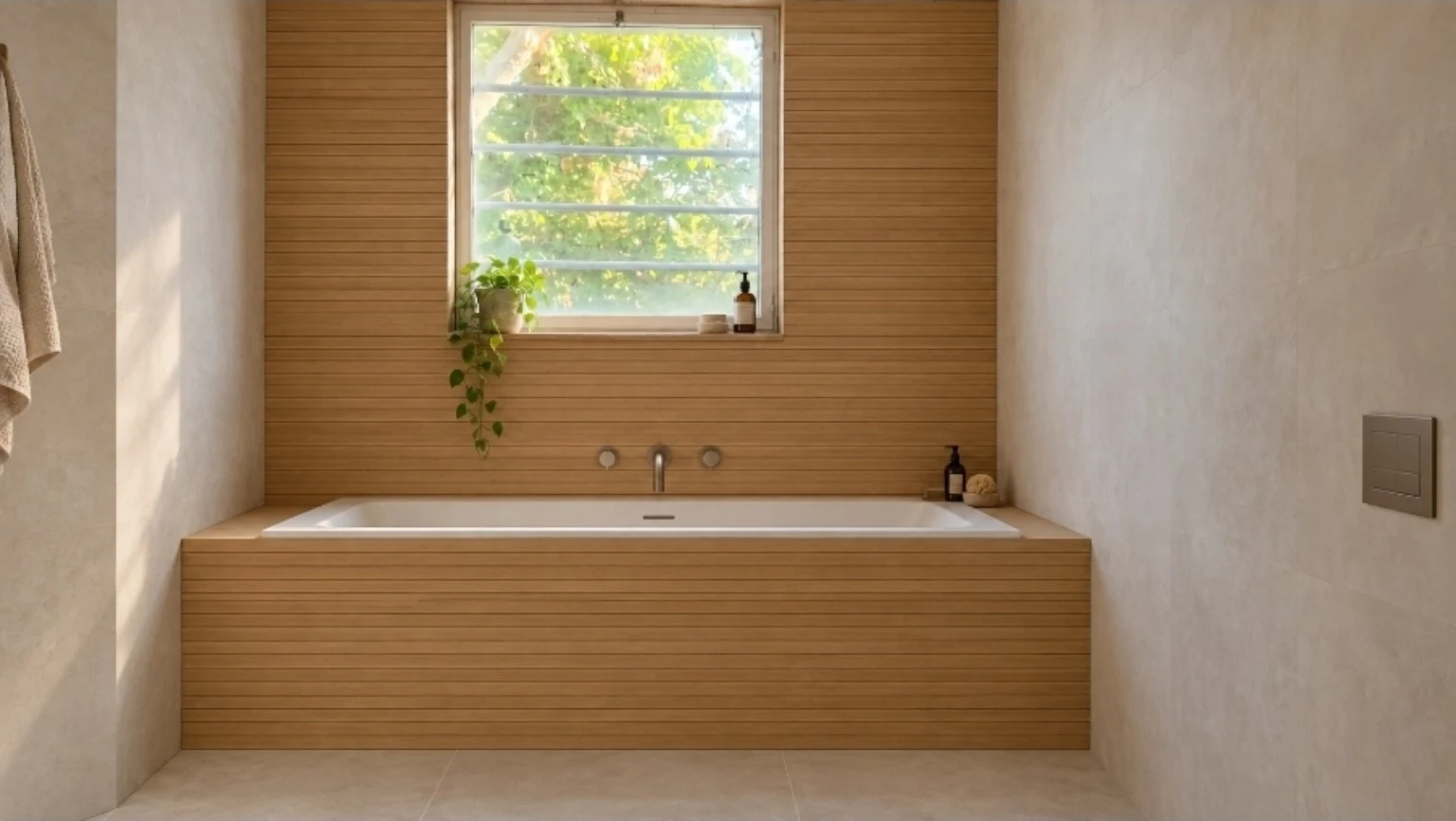 Ispirazione bagno con vasca incassata e rivestimento effetto legno
